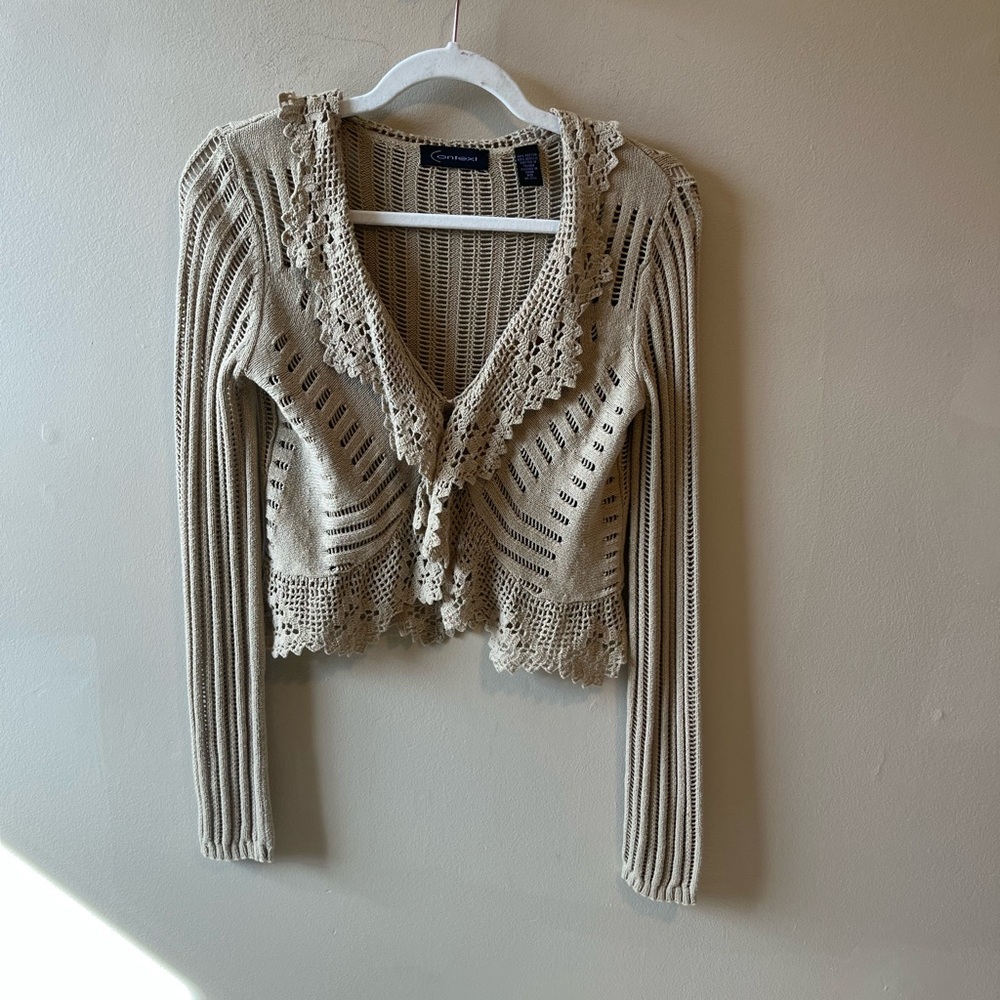 Context beige open knit ruffle shrug sweater size xs